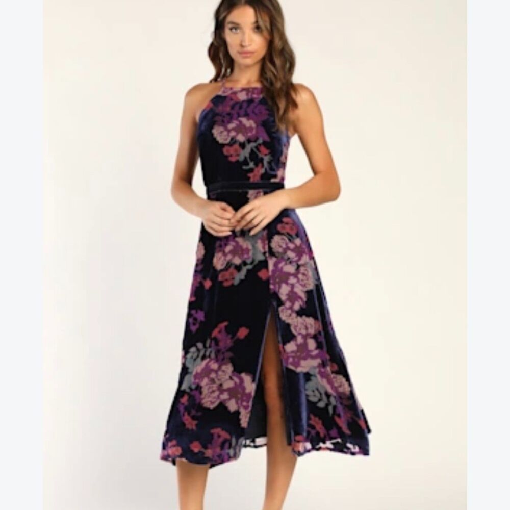 Lulus Navy Purple Floral Velvet Burnout Halter Midi Dress Womens L Side Slit